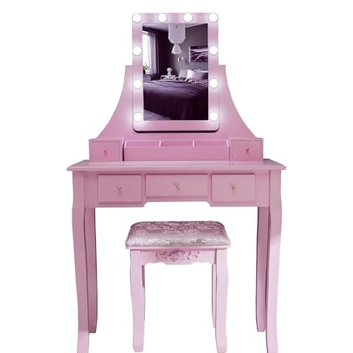 Image of EverestBeauty Pink Dressing Table, Led Mirror & Stool Set (5 Drawer) Bedroom Makeup Desk