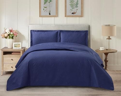 Image of 3 Pieces Quilted Bedspread Bed Throws Luxury Embossed Tropical Leaf Pattern Reversible Quilt Bedspreads Coverlets for Bedroom Decor with Matching Pillow Shams Quilt Bedding Set (Dark-Blue, King)
