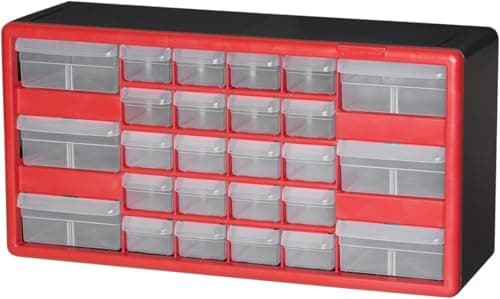 Image of Akro-Mils 10126 26-Drawer Plastic Drawer Storage Cabinet for Garage Organization, Teacher Toolbox, Makeup Organizer, and More, 50.8 cm W x 16 cm D x 26 cm H, Red