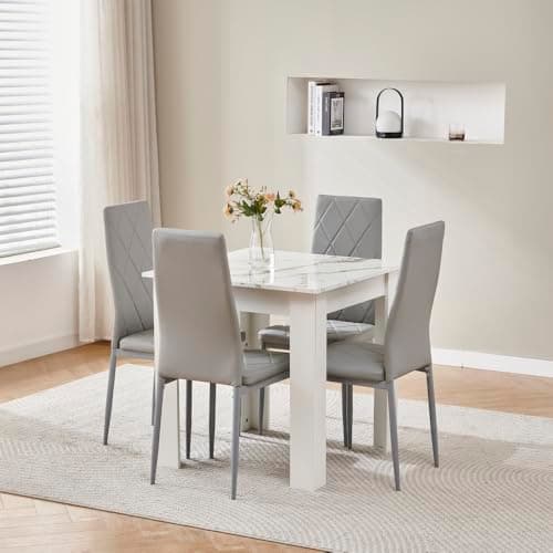 Image of 75x75 cm Small Dining Table and 4 Chairs, 4 Seater Table and Chairs Set Kitchen Dining Room Set for 4, Compact, Space Saving, Wooden, Glossing Tabletop Marble-White (4 Seats, Faux Leather Grey #2)