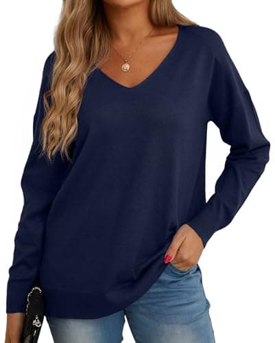 Image of GRECERELLE Women's Casual Jumpers Sweatshirt Ladies Classic Plain Pullover Knit V Neck Long Sleeve Jumper Tops Blouse T-Shirt for Winter Fall Spring (04 Navy Blue, L)