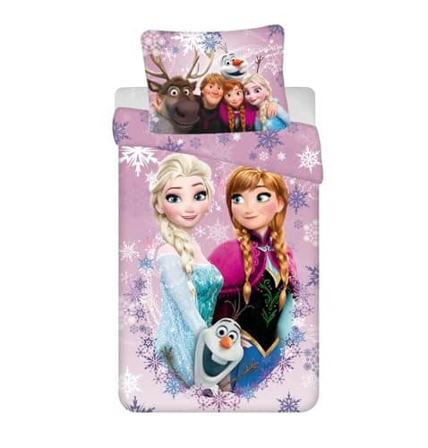 Image of Disney Frozen Single Size Bedlinen Set | Reversible Duvet Cover 140x200 cm + Large Pillowcase 70x90 cm, 100% Cotton | Disney Princess Elsa Anna Olaf Bedding for Kids