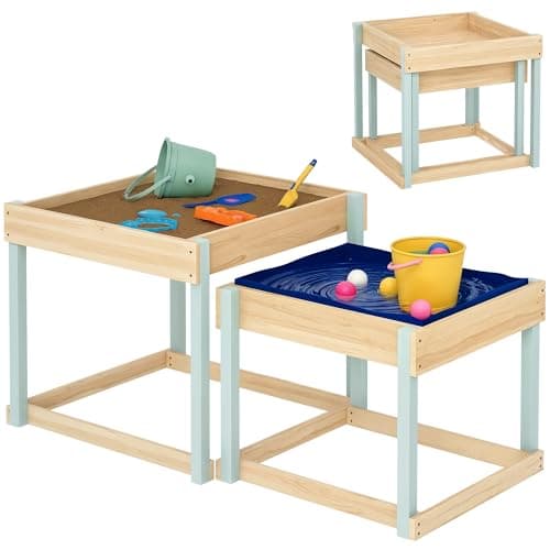 Image of AIYAPLAY 2 PCS Wooden Sandpits, Outdoor Sand and Water Play Tables with Bottom Liner, Picnic Sensory Table for Kids Aged 3-8 Years Old, Natural Wood Finish