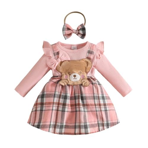 Image of Eqenkely Newborn Baby Girls Long Sleeve Tutu Dresses Rib Knit Patchwork Plaid Bow Princess Dress for 3 Months-3 Years Pink 3-6 Months