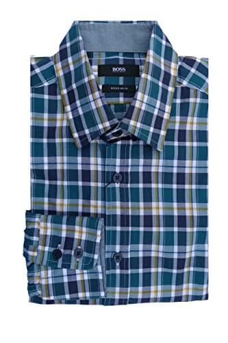 Image of BOSS Mens Green Regular fit Checked Long Sleeve Cotton Shirt Small - Lukas 2 50296008