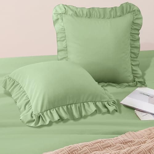 Image of Horbaunal 2 Pack Light Green Ruffle Euro Shams 26" x 26" Ruffle Square Pillow Covers Ultra Soft Microfiber Ruffled Fringe Pillow Shams Covers, Shabby Chic Pillowcases
