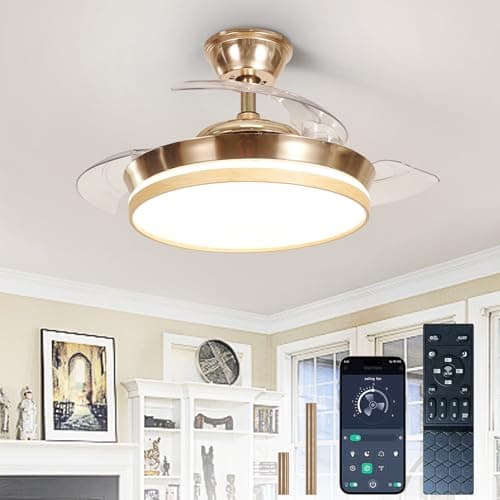 Image of Depuley Retractable Ceiling Fans with Lights: 36 Inch Modern Chandelier Ceiling Fan with Remote & APP Control - Reversible Silent Smart Dimmable LED Fandelier for Living Room Bedroom Gold+ Wood Grain