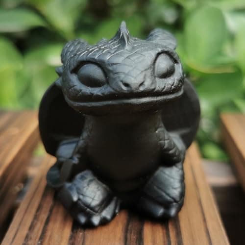 Image of NsmjodStone Crystals Skull Toothless Figurine Statue Animal Sculptures Hand Carved Fly Dragon Crystal for Birthday Festival Gifts Home Decor (Obsidian)