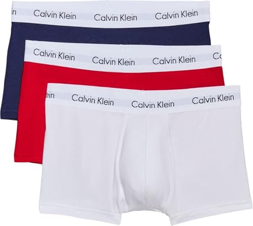 Image of Calvin Klein Men’s 3 Pack Low Rise Trunks, Multicolour (White/Red Ginger/Pyro Blue), M