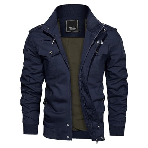 Image of KEFITEVD Men's Casual Cargo Jacket Autumn Military Bomber Jackets Windbreaker Coat, Navy Blue, M