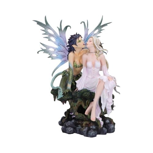 Image of Nemesis Now Kiss of Fate Resin Fairy Figurine - 49 cm, Hand Painted, with Light and Shadow Fae Embrace, Forest Fae and Light Fairy Statues for Couples