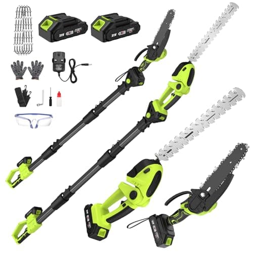 Image of Cordless Pole Hedge Trimmer & Chainsaw Set, 2 * 4.0Ah Battery Rechargeable 7.05Ft Extension Pole 550W Pure Copper Motor 0-135° Adjust Angle Long Reach Trimmer Pruning Branch for Fence, Grass Trimmer