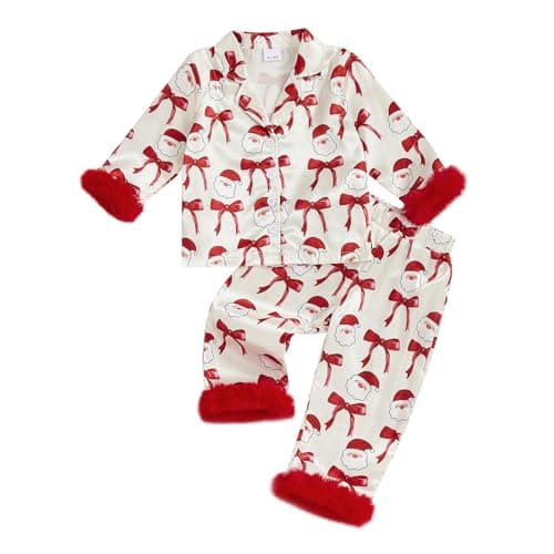 Image of Qianderer Toddler Kids Baby Girl Christmas Satin Silk Pajamas Button Down 2 Piece Pajama Set Pjs Long Sleeve Shirts Tops and Pants Nightgown Outfit (Bl Red Santa Claus Bow, 3-4 Years)