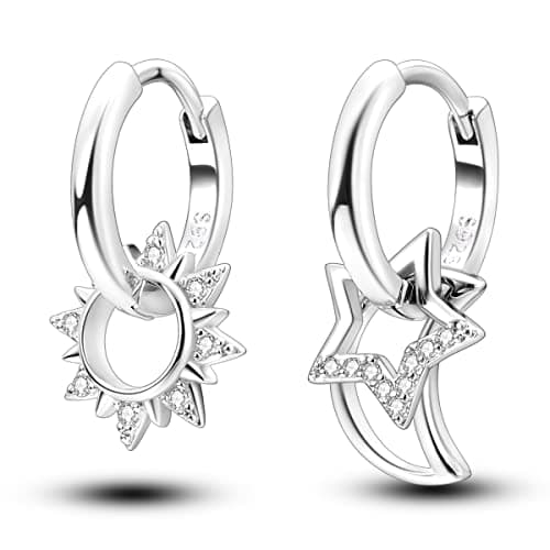 Image of NARMO 925 Sterling Silver Hoop Earrings Star&Moon Hoop Earrings for Women Sun Earrings