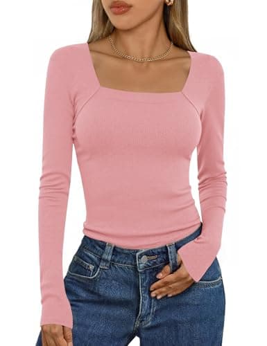 Image of Aottori Women's Long Sleeve Tops Ladies Square Neck Jumpers Top Ribbed Knit Slim Fit Tee Casual Soft Plain Basic T-Shirt Blouse Pink L