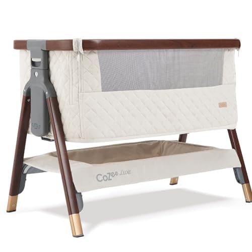 Image of Tutti Bambini CoZee® Luxe Next To Me Crib & Standalone Baby Cot – Quilted Velvet Crib with 100% Cotton Jersey Lining - Foldable Baby Bed & Travel Cot with Mattress (0-6 Months) – Walnut/Cream