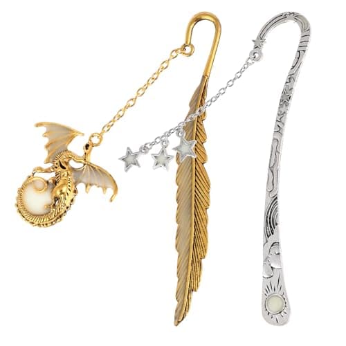 Image of Dimeho 2 Pcs Luminous Bookmark Antique Carved Hook Book Mark Glow in The Dark Moon Stars Dragon Feather Embossed Page Markers Pendant Reading Accessories for Readers Bookworm DIY Crafting