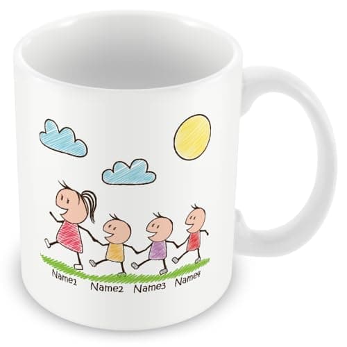 Image of MUGGZ Personalised Mummy Mug with 3 Kids – Custom Names – Cute Mum and Children Stick Figure Design Gift for Mums