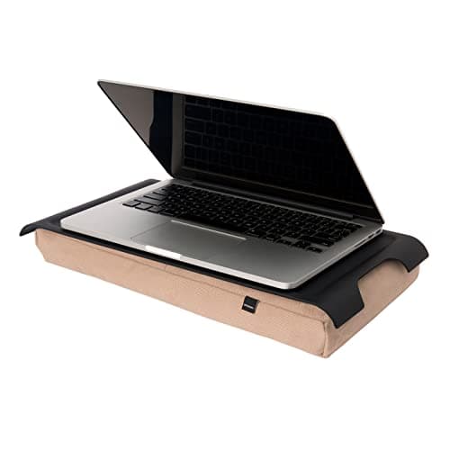 Image of Bosign Laptray with bean bag cushion. Portable Lap desk for Laptop, Breakfast, Dinner. Non-slip tray. Washable, removable cushion cover. Plastic tray. Brown cushion. MINI (43x23x6,5 cm)
