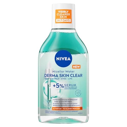 Image of NIVEA Derma Skin Clear Serum-Infused Micellar Water (400ml), Face Cleanser for Blemish-Prone Skin, Makeup Remover Featuring 5% Serum with PHA, Salicylic Acid, and Niacinamide