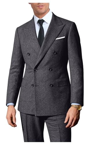 Image of Lynerun Retro 2 Pieces Suit Men Slim Fit Formal Double Breasted Tweed Herringbone Men Suit Jacket Pants Set Wedding Tuxedo, Dark Grey, M