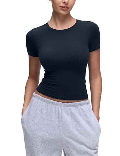 Image of CRZ YOGA Womens Softembrace Going Out T-Shirts Basic Slim Fit Soft Shirts High Crew Neck Casual Tight Fitted Short Sleeve Tops True Navy 12