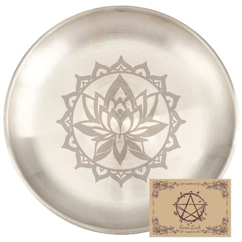 Image of CREATCABIN Lotus Altar Ritual Plate Dish Stainless Steel Flat Bowl Round Silvery Tray Offering Bowl Dish Candle Holder for Smudging Incense Burner Jewelry Dowsing Divination 5.55Inch