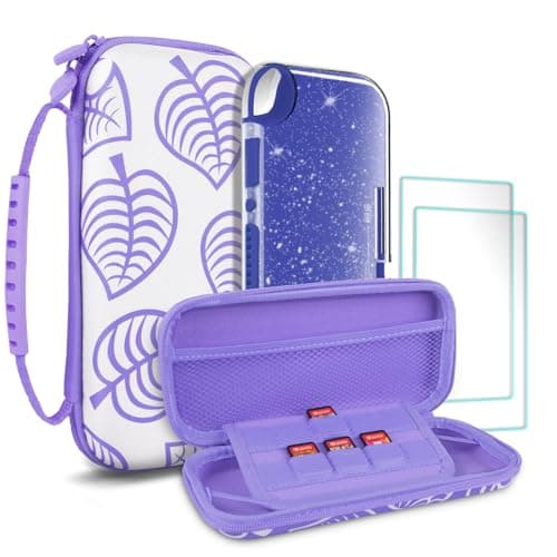 Image of TIKOdirect Carrying Case for Switch lite, Shockproof Portable Travel Bag with Glitter Galaxy case, Screen Protectors and Cute Leaf Thumb Grips Caps, Leaf Purple