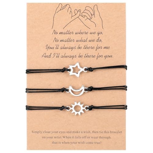 Image of Pinky Promise Matching Bracelet, 3 Sun Moon Star Friendship Bracelets Gift Best Friend Charm Bracelets for Women Adjustable Braided Sister Jewelry Gift for Best Friend Family Teens