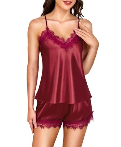 Image of RSLOVE Sexy Pyjamas for Women - Satin Pjs Lace Trim Cami and Shorts Set Silky Lingerie Nightwear Wine Red XXL
