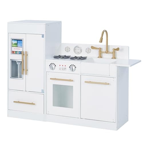 Image of Teamson Kids Little Chef Charlotte Modern Modular Interactive Wooden Play Kitchen with Refrigerator, Stove and Sink in White with Gold Finishes