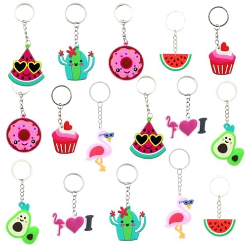 Image of CavspkArt 16 Pieces Summer Keychains, Silicone Keychains for Kids, Fruits and Treats Keyring Watermelon Avocado Doughnut Flamingo Cactus, Cute Backpack Keychain Summer Party Favours (A1)