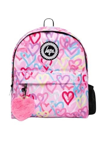 Image of hype Girls Backpack, Pink with Graffiti Style Hearts, School Bag for Kids, Comfortable Rucksack with Bottle Holder, 3 Storage Compartments, Padded, Adjustable Straps & Grab Handle