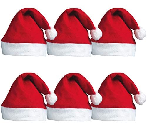 Image of 6pc Red Santa Hat Multipack - Christmas Santa Hat Pack as Father Christmas Fancy Dress Accessory - Traditional Red and White Festive Headwear Xmas Accessories for Xmas Party Props