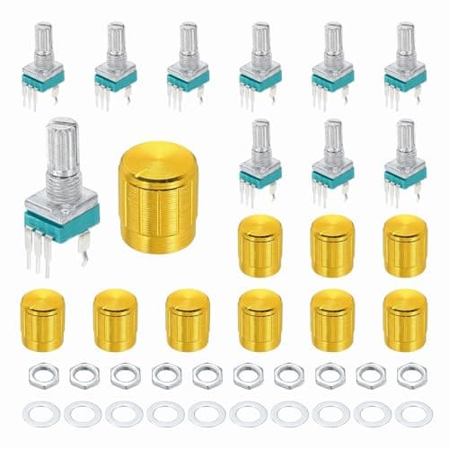 Image of sourcing map 10pcs RK097N B10K Potentiometer, 3Pin Single Linear Rotary Seal Amplifier Logarithmic Potentiometers 15mm Knurled Shaft with Gold 15x17mm Metal Knob Vertical for Audio Amplifier