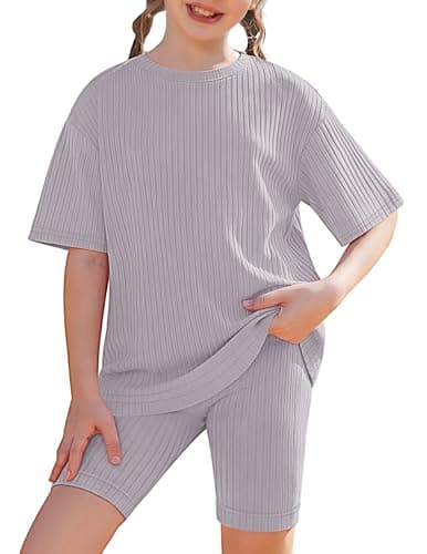 Image of Arshiner Girls 2 Piece Summer Outfits Short Sleeve Ribbed Knit Drop Shoulder T-Shirt and Shorts Set Soft Stretchy Casual Clothes Ages 12-13