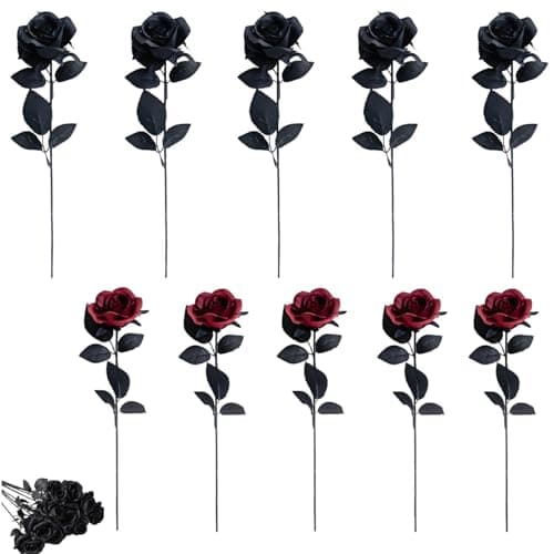 Image of WORUIB 10 Pcs Black and Red Roses Artificial Flowers, Black Roses for Home Decor, Wedding Bouquets, Party Arrangements, Long Stem Silk Rose Flowers, 7 * 36cm