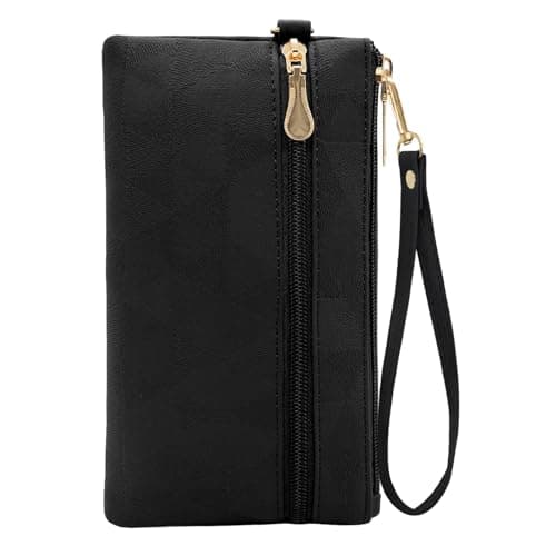 Image of LJCZKA Leather Wristlet Wallet for Women Men Clutch Handbags Purses Large Capacity Cellphone Credit Card Holder Pocket Bag with Wrist Strap, Keychain (Black-2)