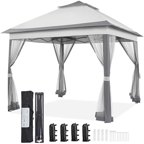 Image of Yaheetech Pop Up Gazebo w/Sides, 3.3x3.3m Outdoor Instant Patio Canopy Shelter w/Mesh Netting, Waterproof Garden Gazebo w/Sandbags for Patio/Backyard/Wedding/Party, Double Top, Light Grey & Dark Grey
