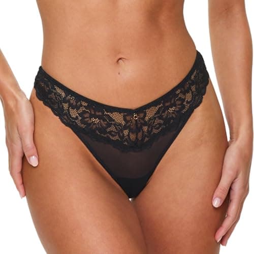 Image of Ann Summers Sexy Lace Thong Low-Rise Womens Lingerie Underwear with Mesh Back, Delicate Floral Lace & Centre Charm, Cotton Gusset Knicker– Stylish and Comfortable G String for Minimal Lines Black