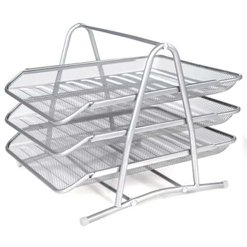 Image of Mesh Desk Storage Organiser, 3 Tier Office Filing Paper Letter Trays Stackable for Home & Office - Easy to Assemble - Silver