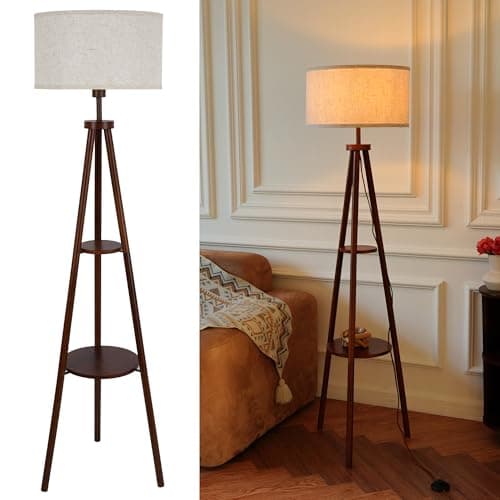Image of LuminexDesigns Tripod Floor Lamp with Shelf, Vintage Walnut Corner Standing Lamp with Linen Lampshade, Foot Switch, 2-Tier Storage, Tall E27 Light for Living Room, Bedroom and Reading (Bulb Required)