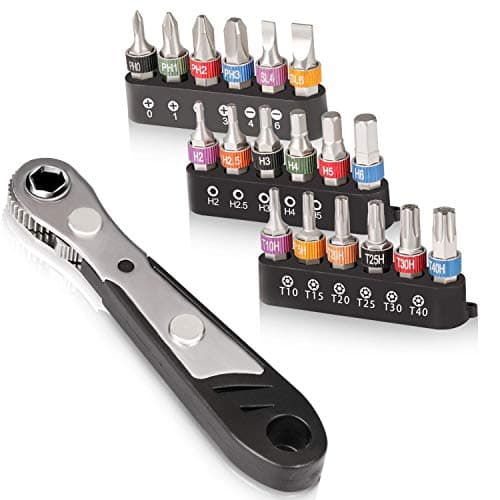 Image of Hakkin 19PCS Mini Ratchet Wrench Screwdriver Bit Set S2 Steel 1/4” Drive 36 Teeth Ratcheting Screwdriver High Torque Offset screwdriver Reversible Drive Handle with Phillips Slotted Hex Torx Star Bits