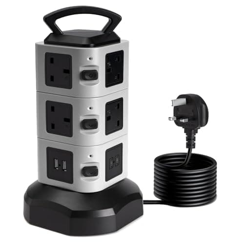Image of Tower Extension lead 2M, 10 Way (13A 3000W) Surge Protected Extension Sockets with 2 USB C and 2 USB A, Multi Plug Socket with 3 Independent Switches,Power Strip for Home, Office, Kitchen