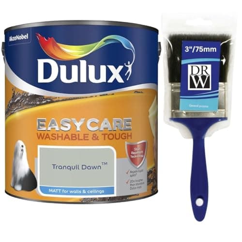 Image of Tranquil Dawn Dulux Easycare Matt Emulsion Paint 2.5L + 3" Emulsion Paint Brush – Washable & Stain Resistant, Durable Matt Finish, Quick Dry, Low Odour Interior Wall & Ceiling Paint