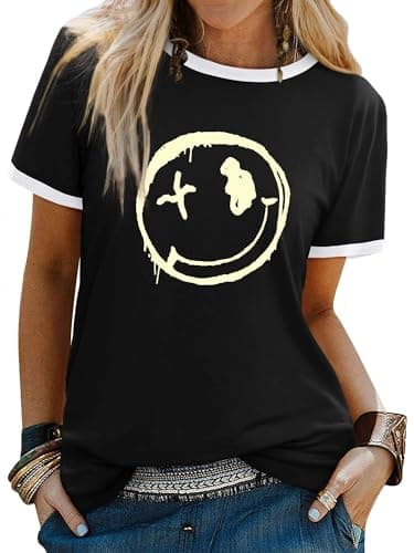 Image of WIEIYM Women's T-Shirts Crew Neck Short Sleeve Ladies T Shirts Casual Summer Tops Smile Face Printed Tee Shirts Blouse S-XXL Black