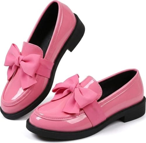 Image of Ladies Patent Leather Loafers with Bow, Pink Slip-On Flat Shoes, Casual Comfort Footwear Work Daily Casual Dressy (Pink,6.5)