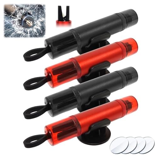 Image of Audasi 4 Pcs Emergency Car Window Breaker, 2-In-1 Car Window Breaker And Seat Belt Cutter with Test Glass Holders Escape Safety Hammer Car Escape Emergency Tool for All Vehicles (Black & Red)