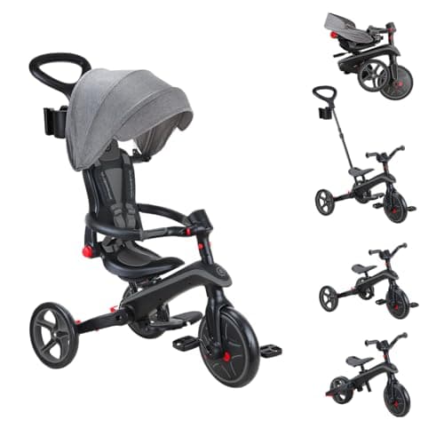 Image of Globber Foldable Explorer Trike and Balance Bike 4 in 1 with Adjustable Canopy - Parental Steering Handle - Cup and Phone Holder - Safety Harness - 10 Months to 5 Years - 2 Year Warranty (Black)