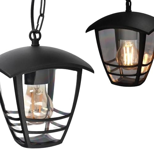 Image of EDO IMMA C Outdoor Hanging Lantern Black IP44 Weatherproof – 1m Chain E27 Pendant Light – Classic Suspended Exterior Lamp for Garden, Balcony, Patio, Porch